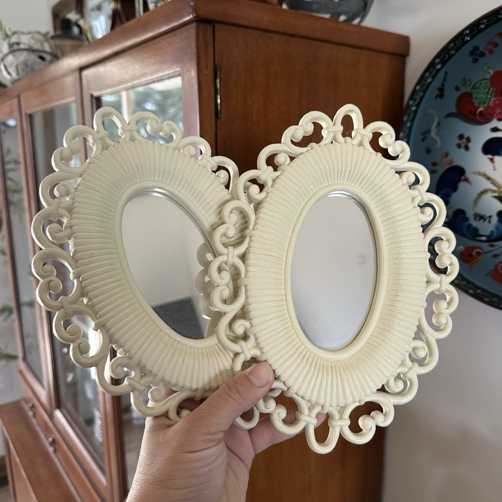 Set 2 Homco Oval Mirror Wall Decor Faux Rattan 1978 Boho Retro White Cottagecore